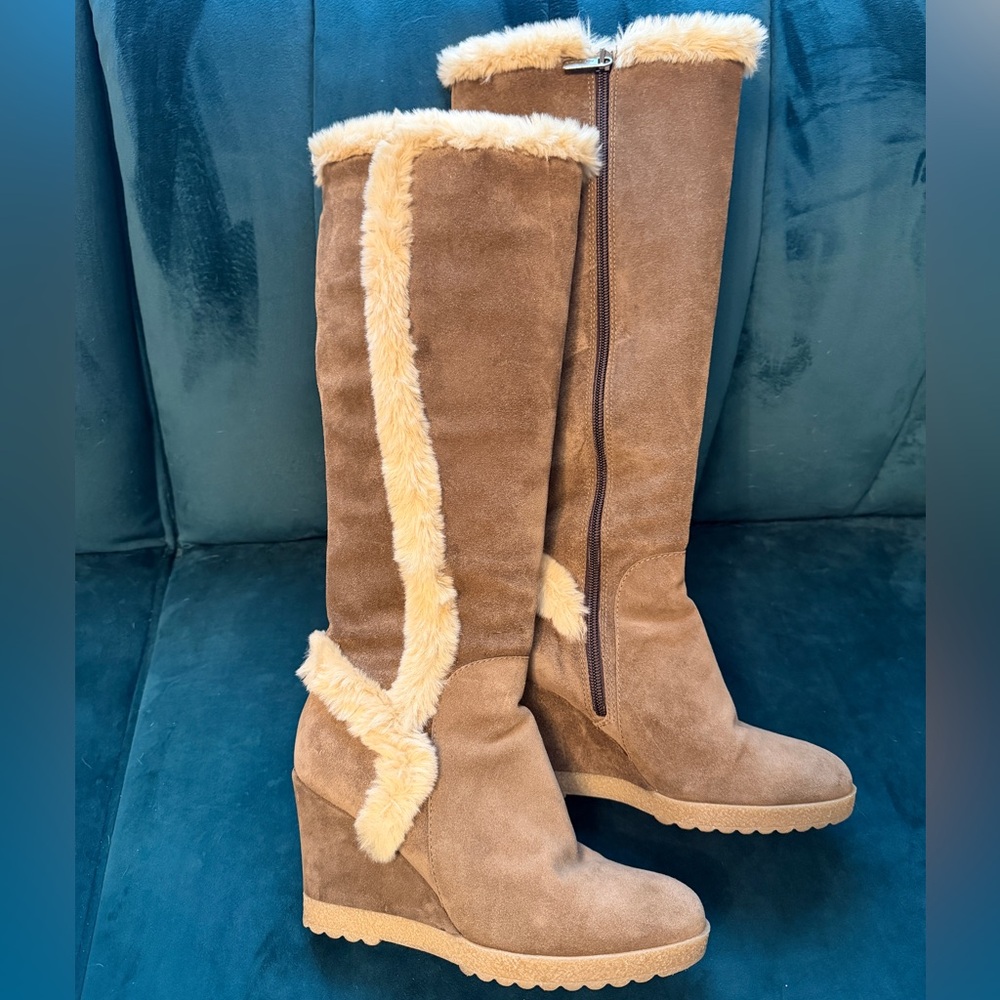 Aquatalia Tan Curran Faux Fur Trimmed Suede Tall Wedge Boots